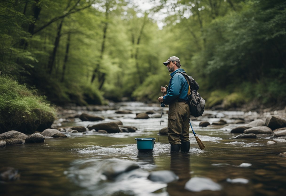 A fisherman stands in shallow, rocky stream, wearing durable waders. A car is parked nearby, with wader maintenance tools laid out on the ground