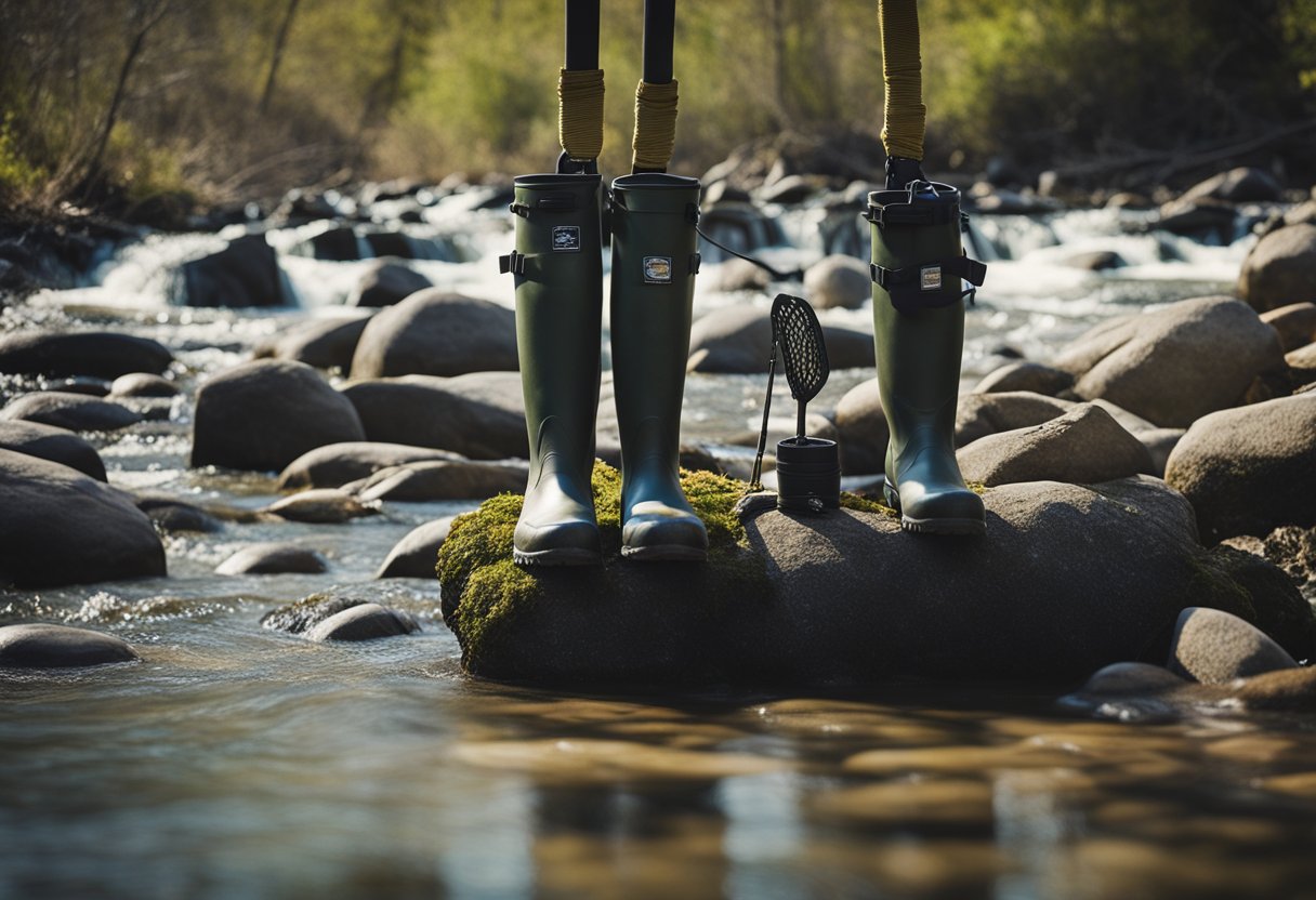 A lone pair of durable waders stands on a rocky streambed, surrounded by rushing water and fishing gear. A maintenance kit sits nearby