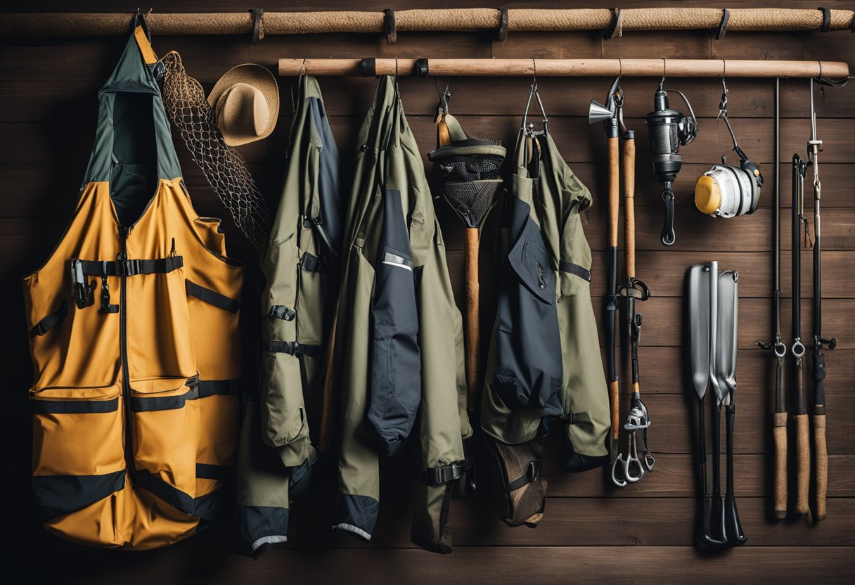 A fisherman's waders hung on a wooden rack, surrounded by fishing gear and tools. The rugged waders show signs of wear from navigating rocky streams and deep water fishing