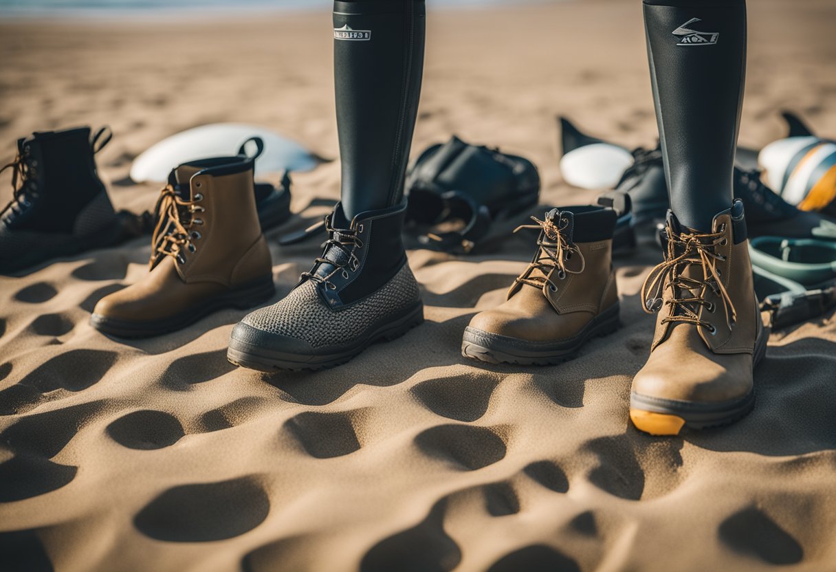 A group of waders for women, kids, and surf fishers, with built-in boots, laid out on a sandy beach with fishing gear scattered around