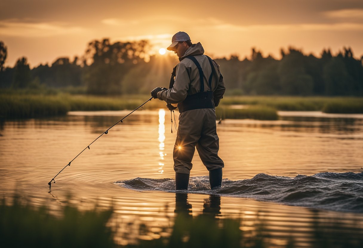 A fisherman wearing waterproof chest waders stands in a shallow river, casting a line into the water. The sun is setting, casting a warm glow over the scene