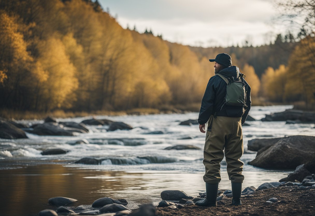 A fisherman stands at the edge of a cold, rushing river, considering between breathable and neoprene waders for different conditions. A pair of affordable waders lays nearby