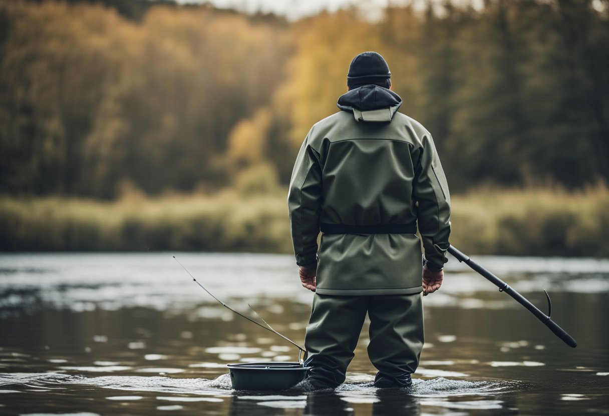 A fisherman stands in a cold river, wearing breathable waders. Neoprene waders lay nearby, along with affordable options for beginners