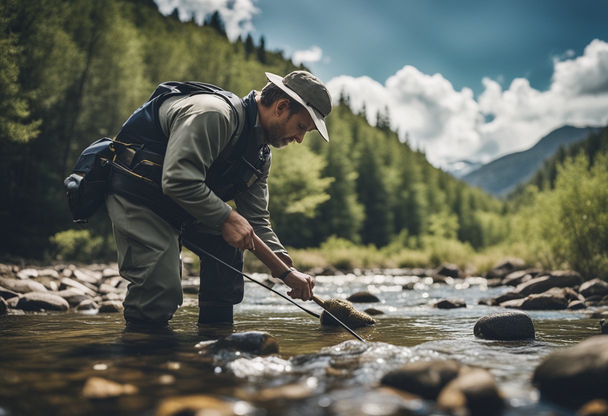 A fisherman stands in rocky stream wearing durable waders, casting a line into deep water. A car sits nearby, with wader maintenance tools scattered on the ground