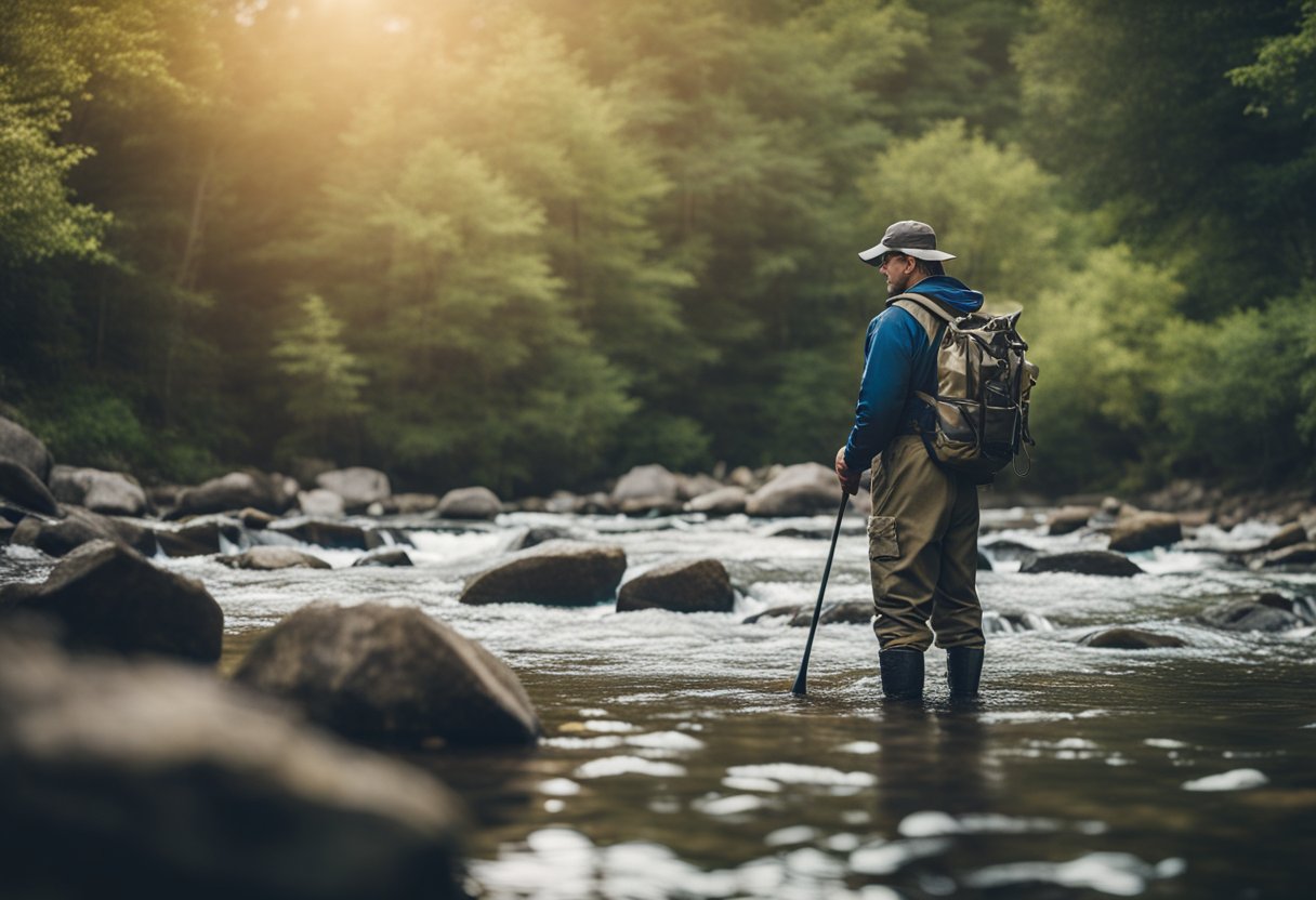 A fisherman stands in rocky stream, wearing durable waders. He carefully maintains his gear, ready for deep water fishing