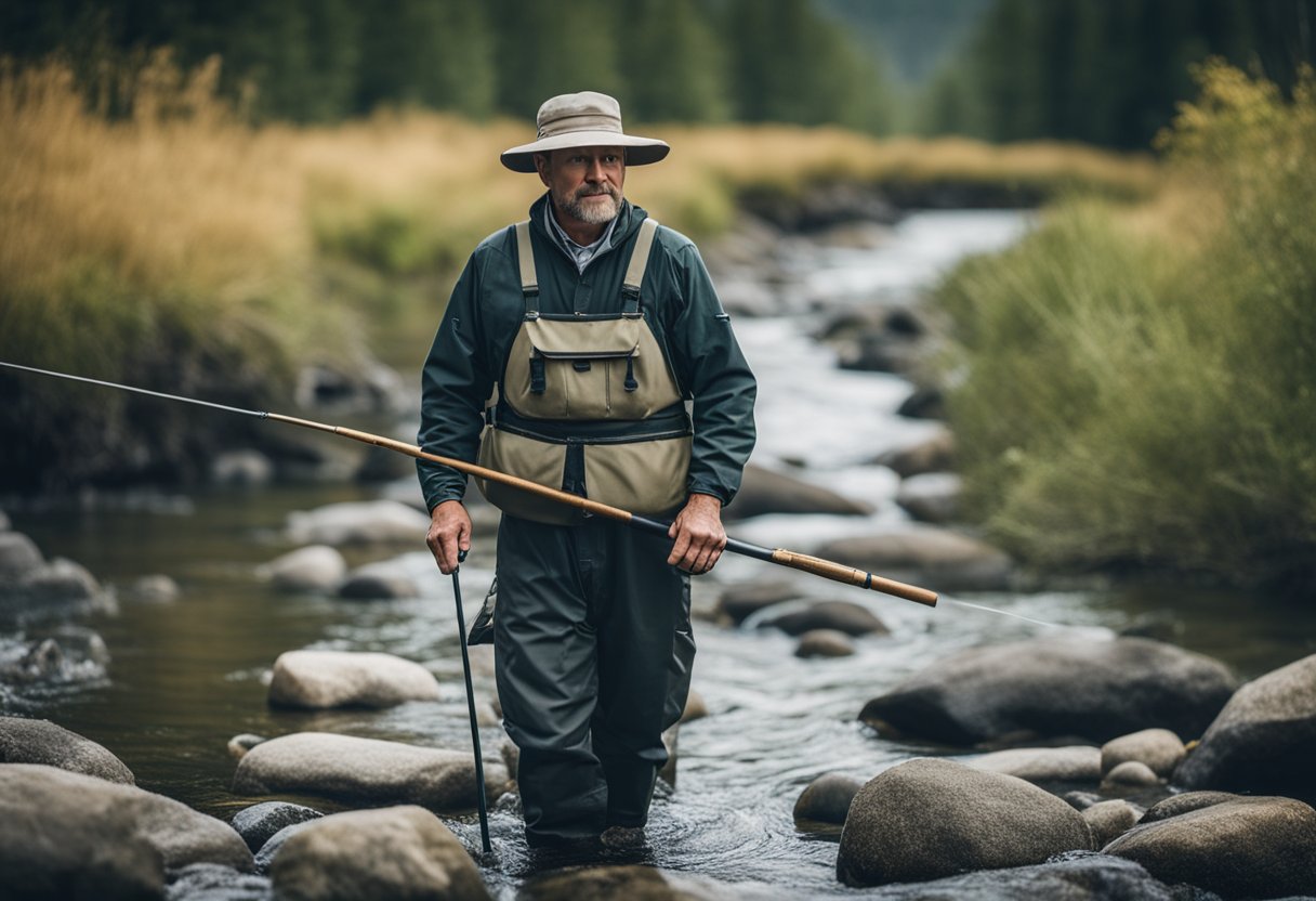A fisherman stands in a rocky stream, wearing durable waders for deep water fishing. The waders feature advanced technologies and are well-maintained