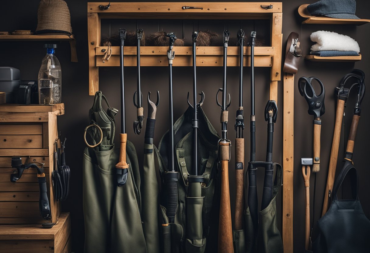 A pair of chest waders hanging on a wooden rack, surrounded by various cleaning and maintenance tools. Nearby, a display of top fishing brands