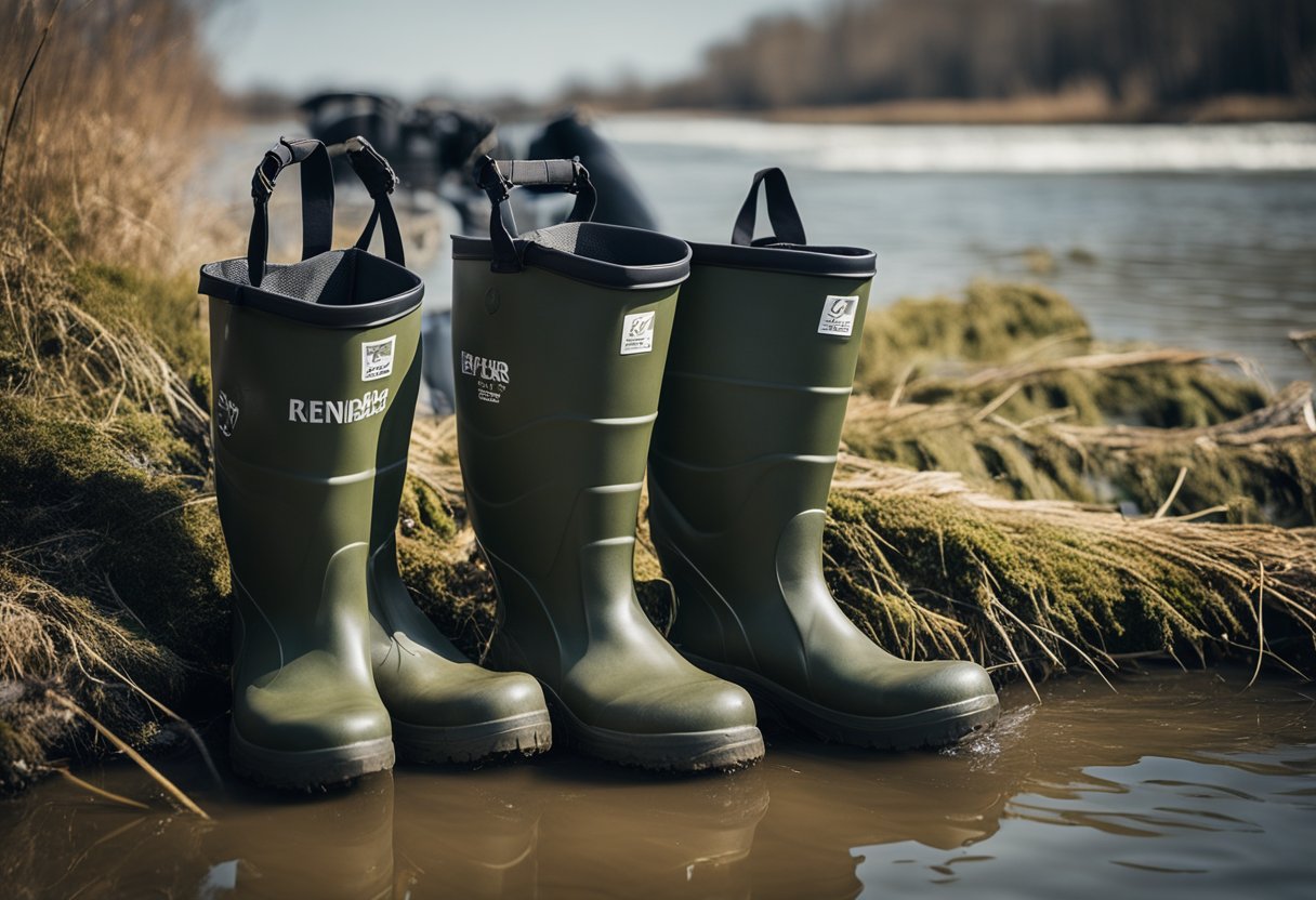 A serene riverbank with a pair of chest waders laid out for cleaning and maintenance, surrounded by the logos of top wader brands