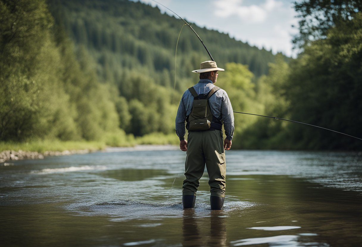 A fisherman stands in a shallow river, wearing durable, breathable chest waders. The water ripples around their legs as they cast their line into the flowing stream