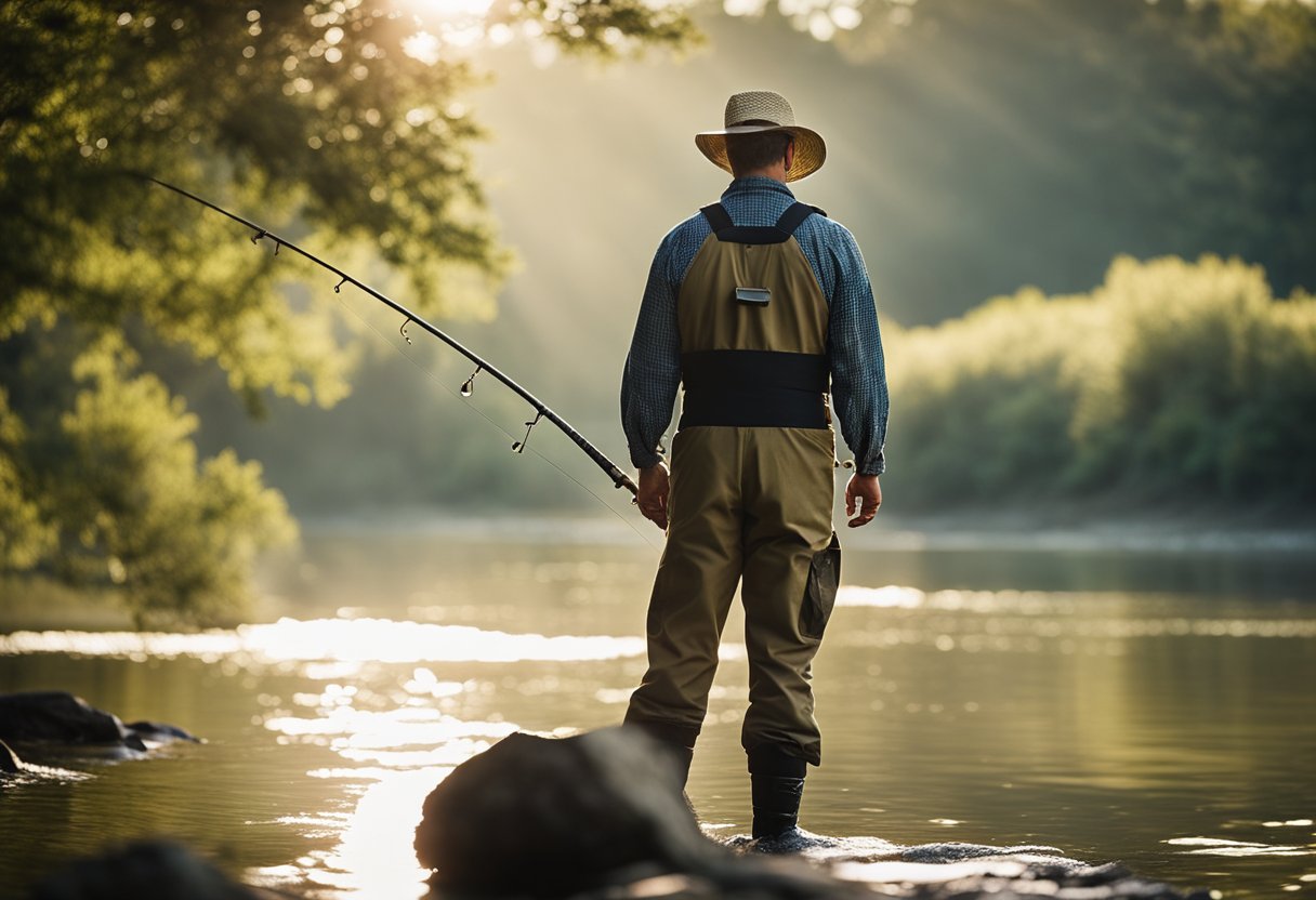 A fisherman stands by a serene river, wearing durable chest waders. The sun reflects off the water as he prepares to cast his line