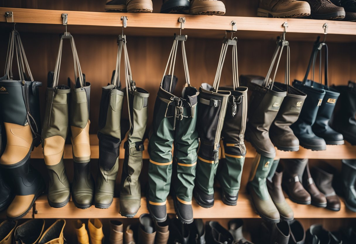 Lightweight chest waders hanging on a wooden rack, with options for stockingfoot and boot designs. Bright, summery colors and breathable materials