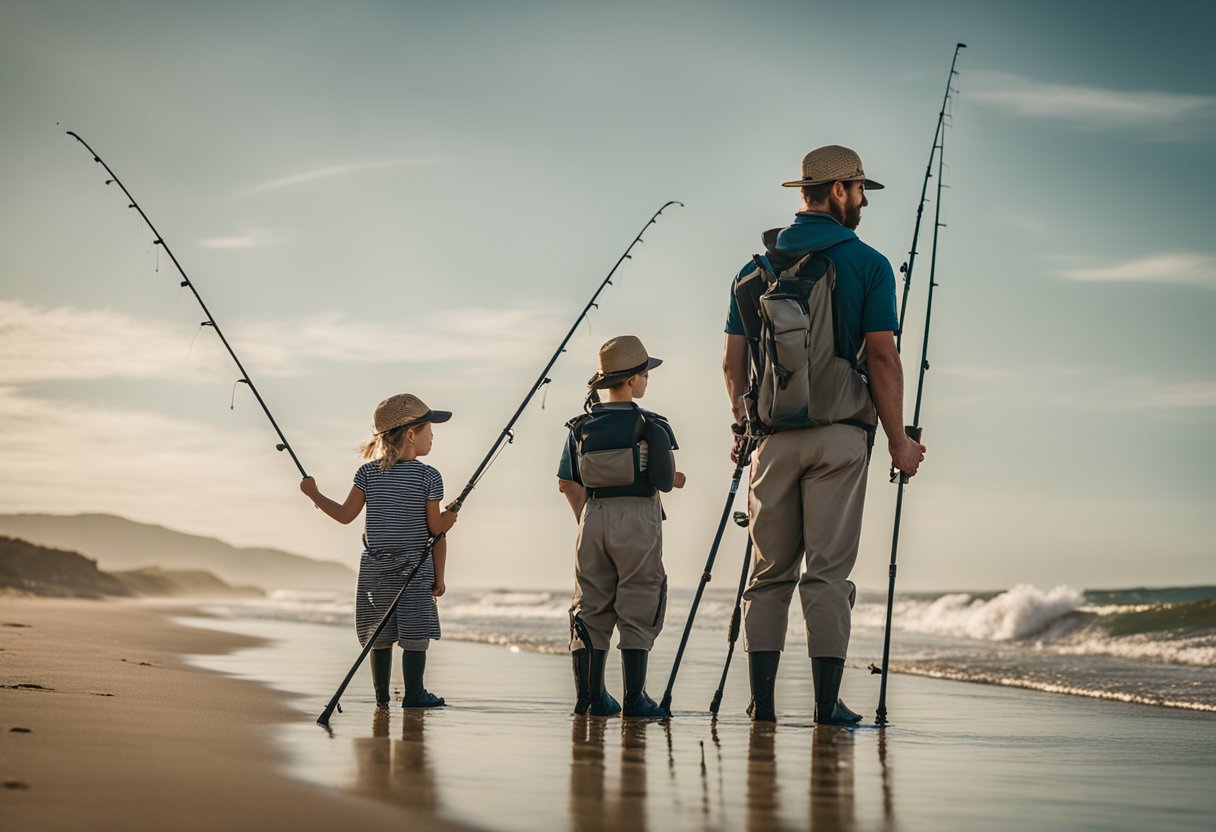 A family of four waders, including women's and kids' sizes, stand on a sandy beach with fishing rods in hand, ready for a day of surf fishing