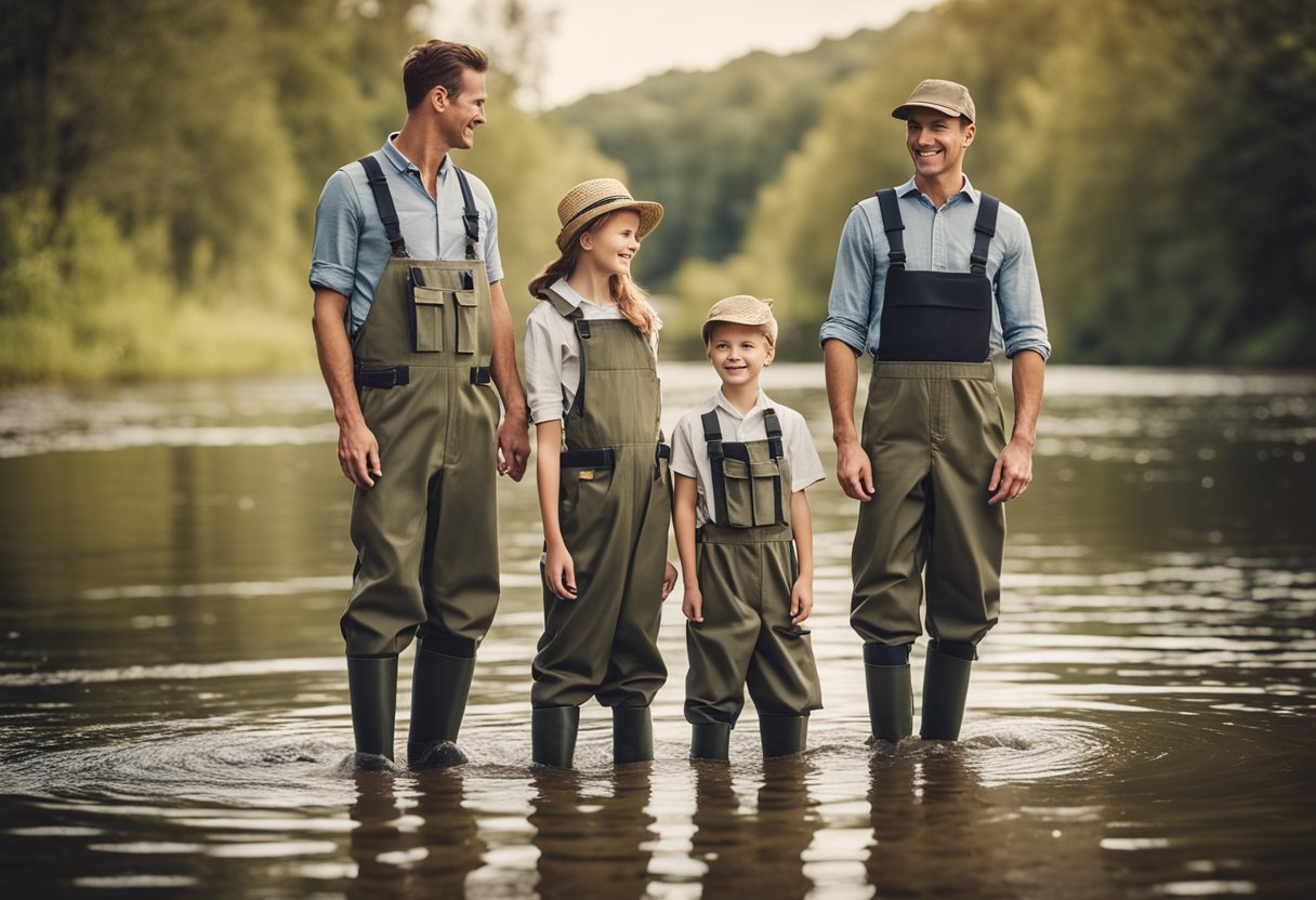 A family of four stands by a serene river, each wearing their own pair of chest waders suited for their specific needs - breathable for the father, stylish for the mother, durable for the son, and playful for the daughter