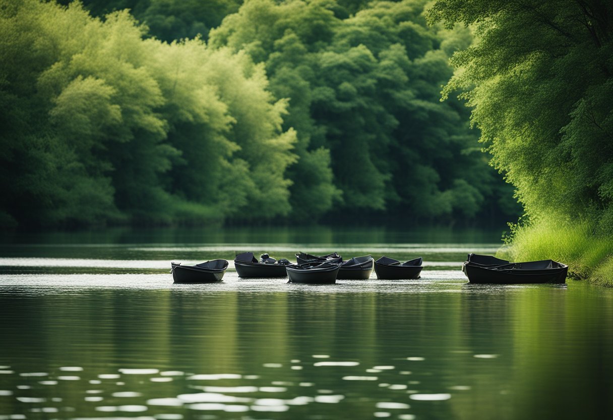 A serene riverbank with a variety of chest waders displayed against a backdrop of calm water and lush greenery