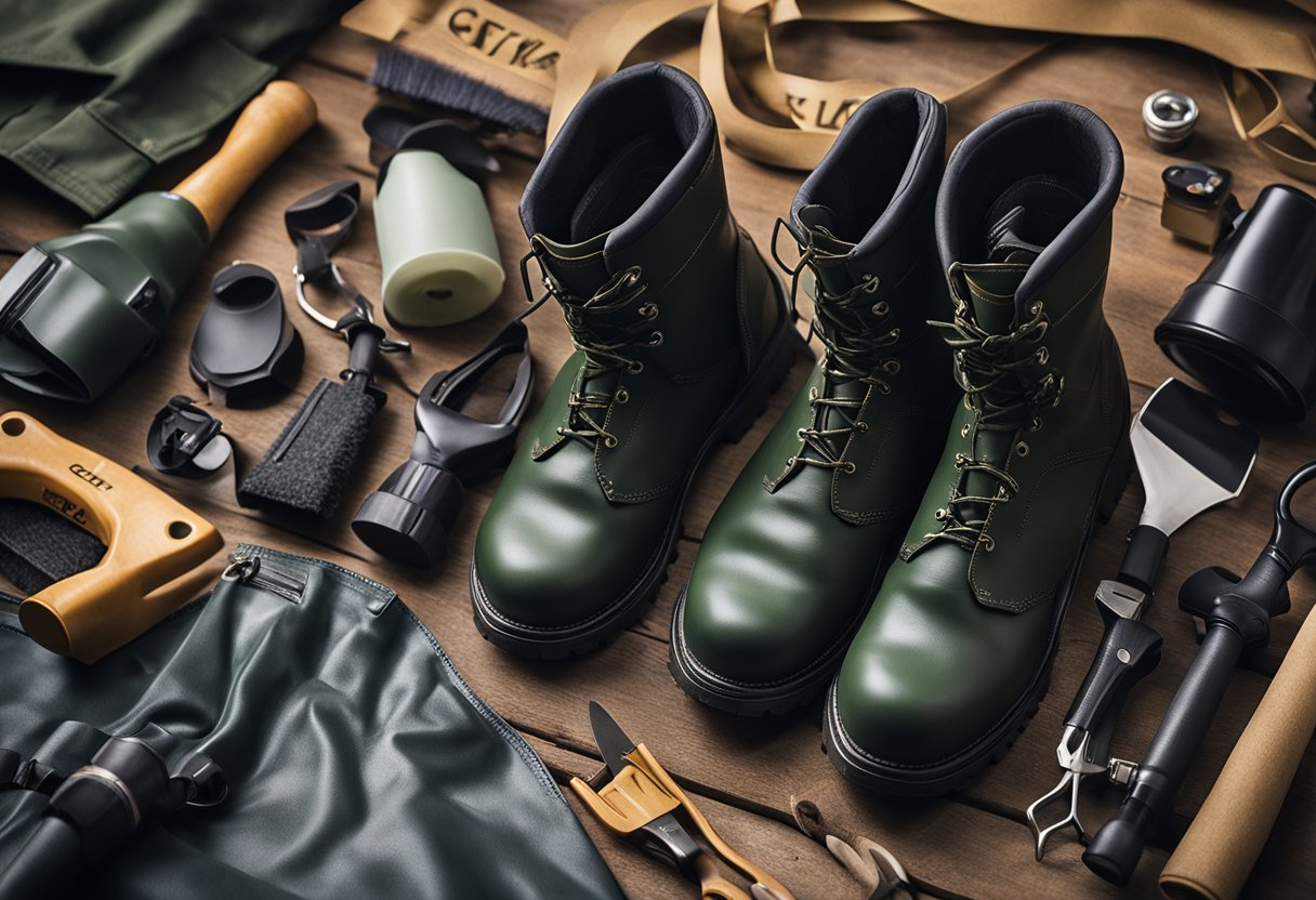 A pair of chest waders laid out on a clean surface, surrounded by various cleaning and maintenance tools. The top brands' logos are visible in the background