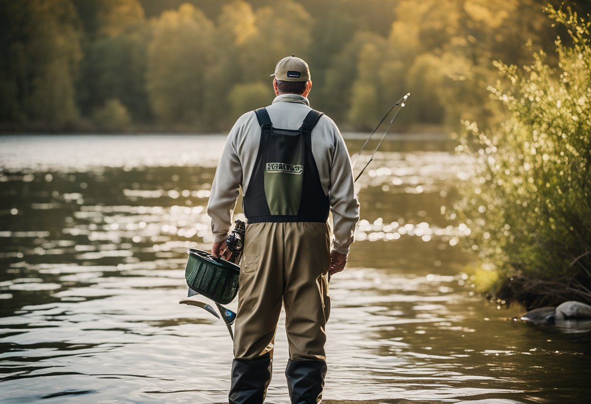 A big and tall angler wearing chest waders stands by a serene river, surrounded by fishing gear and cleaning supplies. Top brand logos are displayed nearby