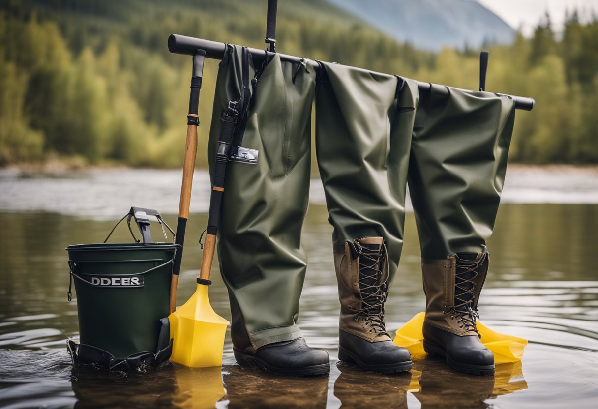 A pair of brand waders displayed next to a river, surrounded by fishing gear and cleaning supplies