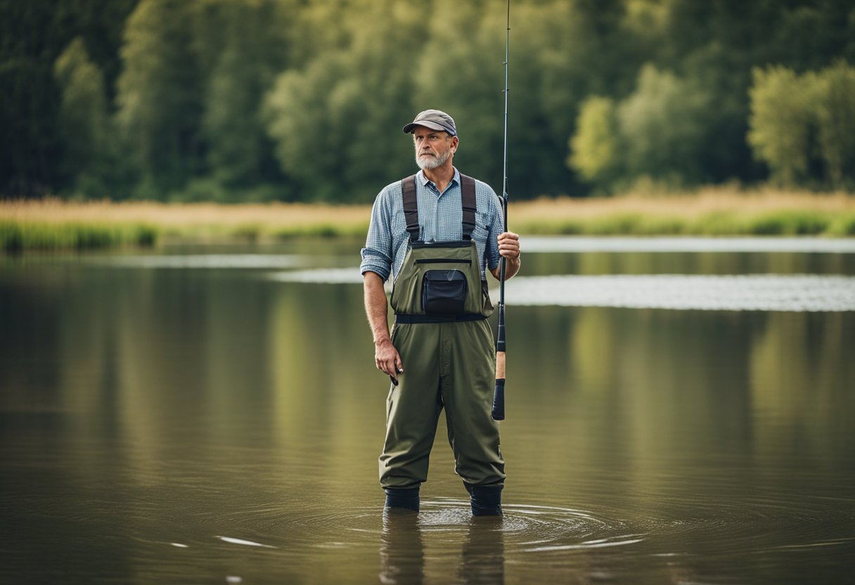 A fisherman stands in a shallow river, wearing durable chest waders. He holds a fishing rod, surrounded by the tranquility of nature