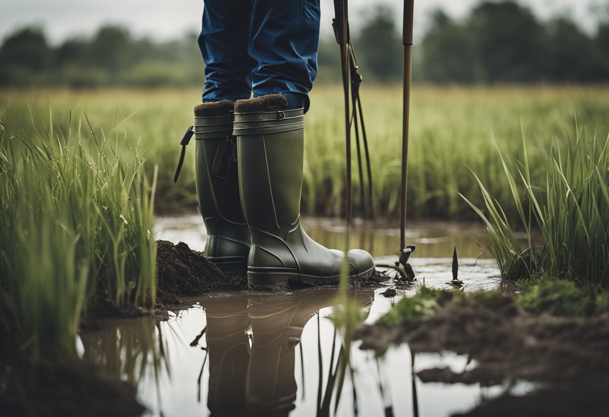 A person wearing hip waders stands in a muddy field, surrounded by tall grass and farm equipment