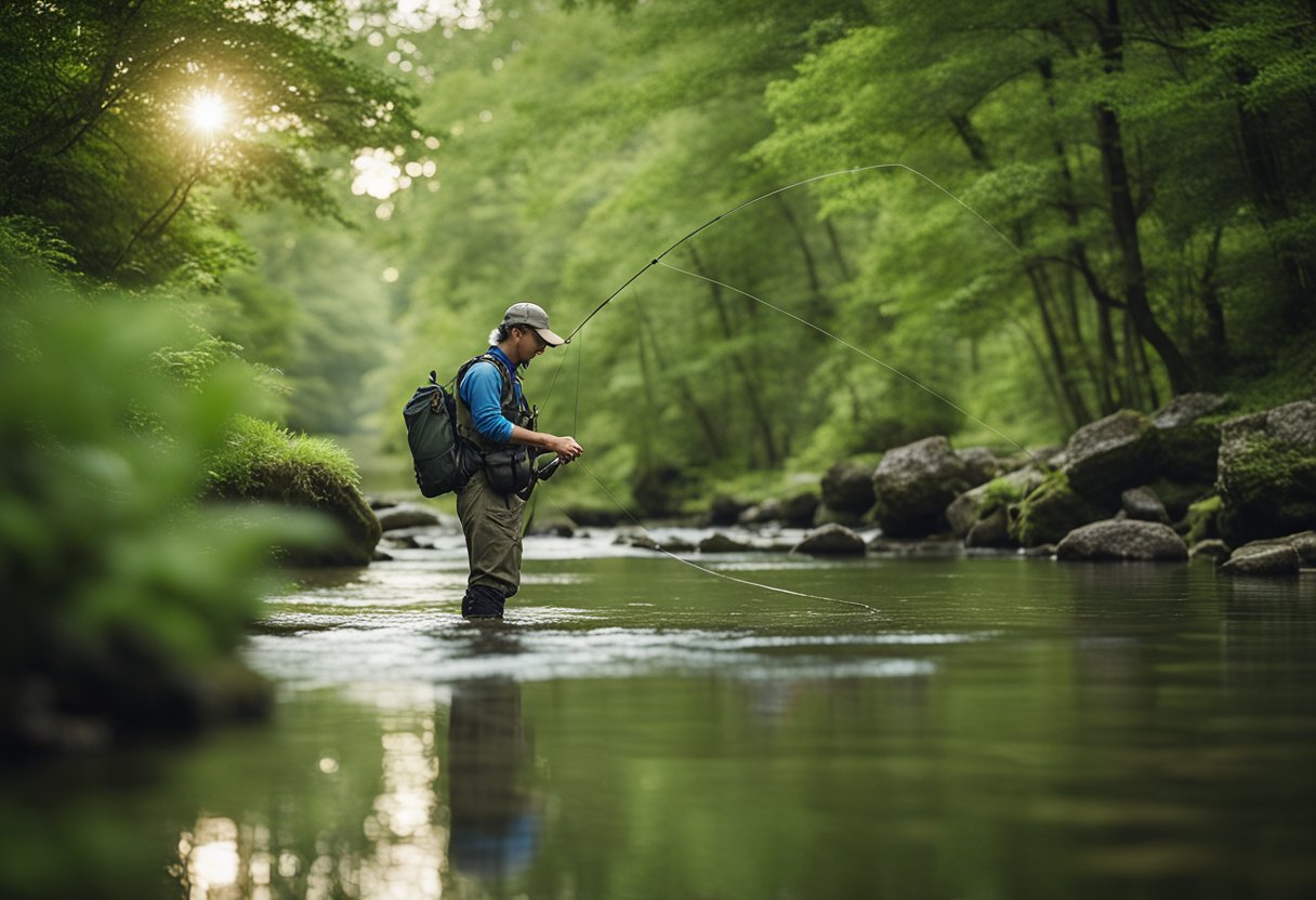 A person wearing hip waders stands in a shallow stream, casting a fly fishing line. The water is clear and the surrounding landscape is lush and green
