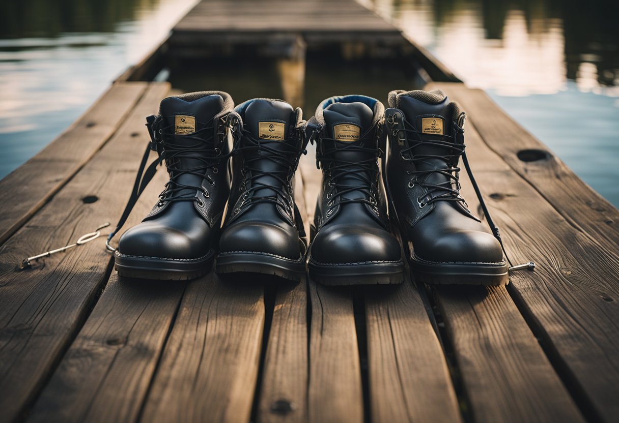 A pair of fishing waders, one chest-high and the other hip-high, laid out on a wooden dock next to a tranquil lake