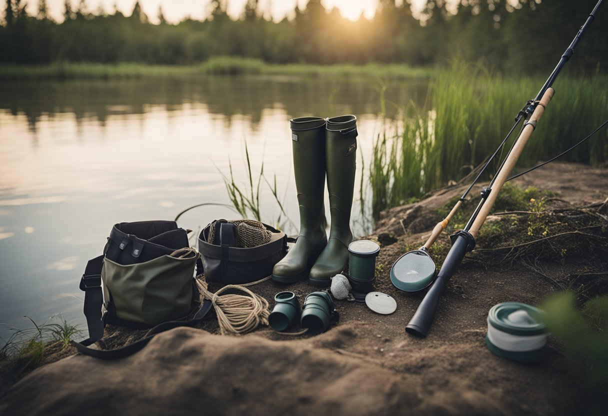 A serene riverbank with a pair of chest waders and hip waders laid out, surrounded by fishing gear and a tranquil water scene in the background