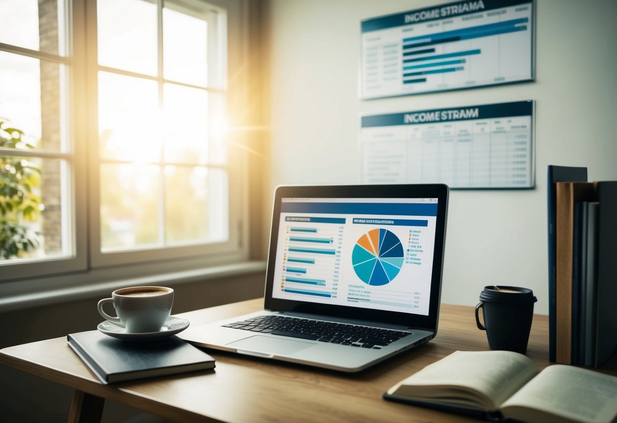 A cozy home office with a laptop, books, and a cup of coffee. A chart on the wall shows various income streams. Sunlight streams in through the window