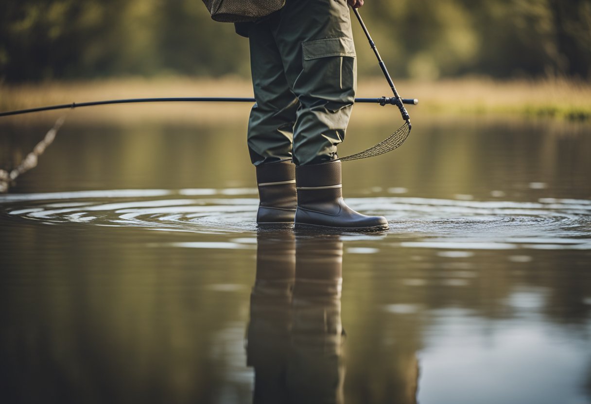 A fisherman stands in a shallow river, wearing breathable stockingfoot waders. The water ripples around his legs as he casts his line into the current