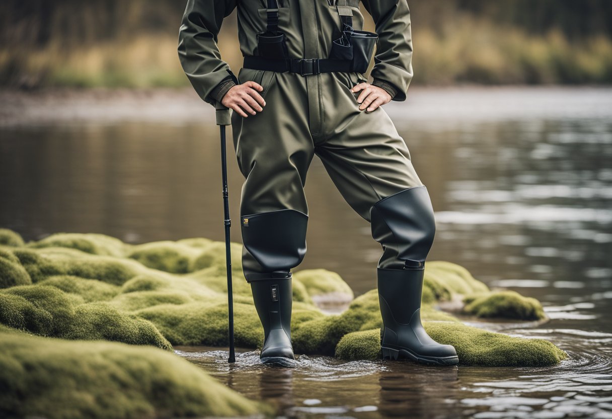 A serene riverbank with a pair of breathable stockingfoot waders laid out next to insulated waders, showcasing the different types of waders available for fishing and outdoor activities