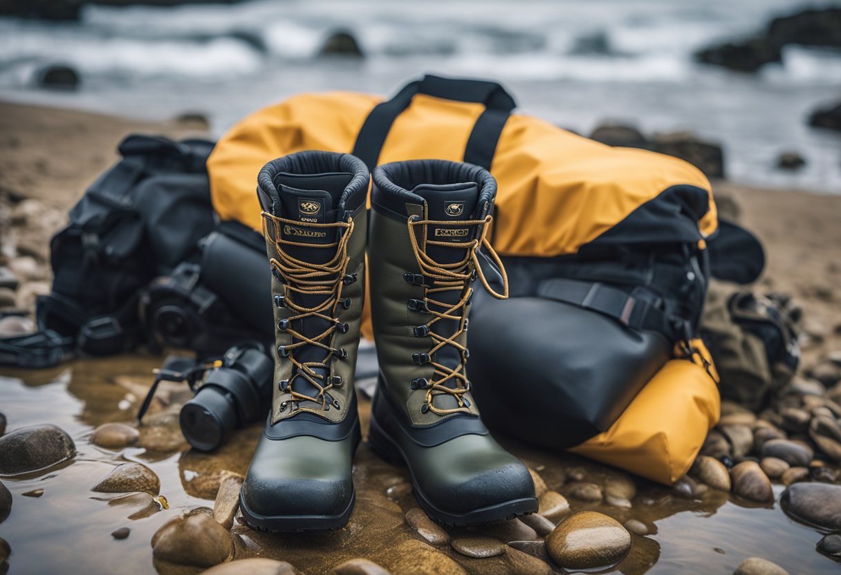 A pair of breathable stockingfoot waders lying next to insulated ones, with various accessories and gear scattered around them