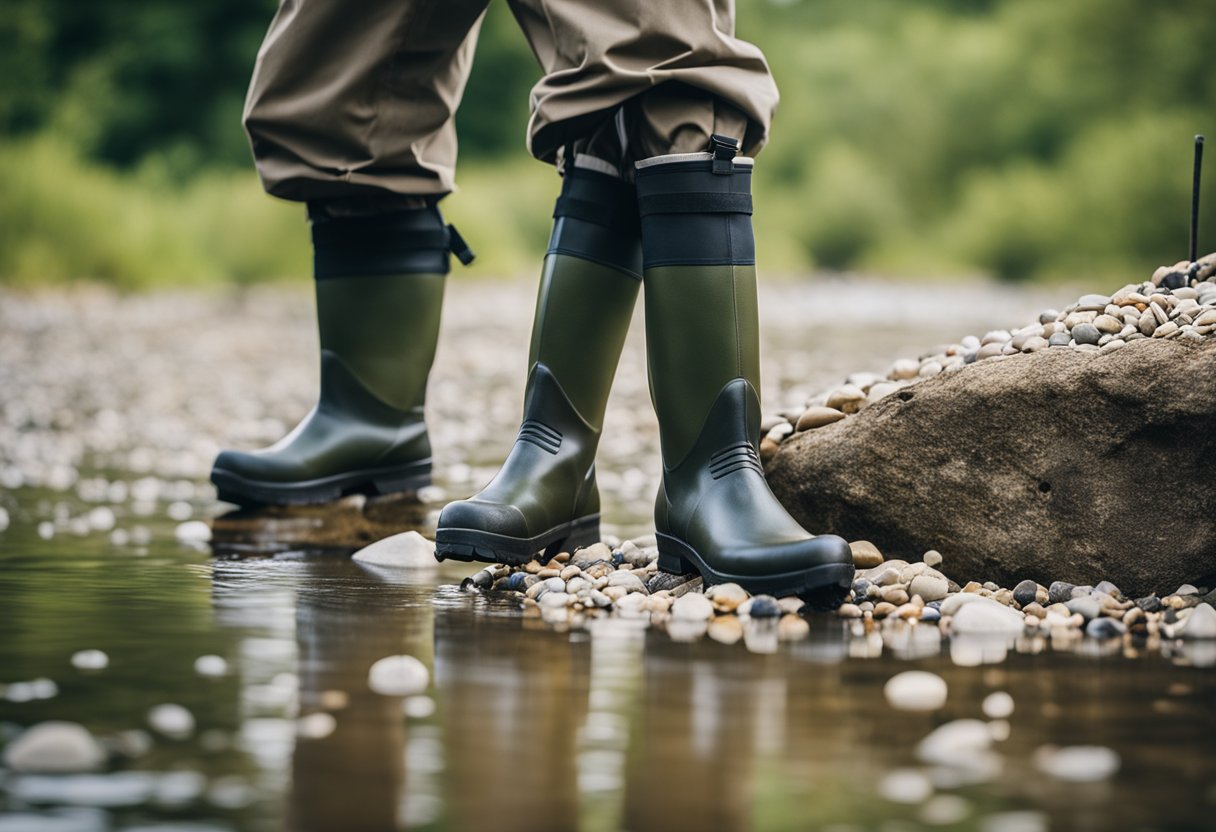 A pair of stocking foot waders with gravel guards, accompanied by the best wading boots, ready for a day of fishing in a rocky river
