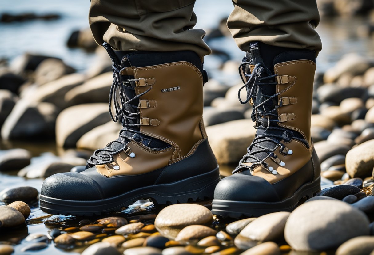 A pair of stocking foot waders with attached gravel guards, alongside a set of durable wading boots, are laid out on a rocky riverbank