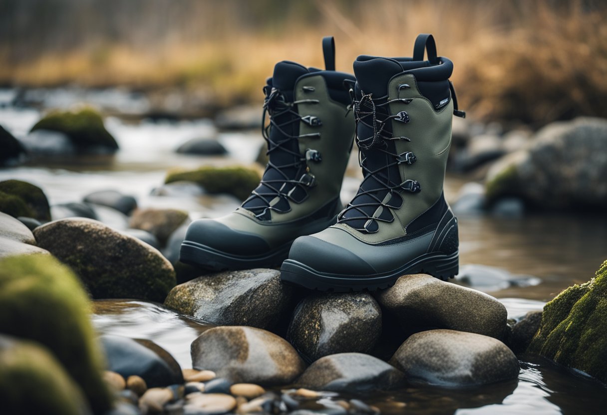 A pair of neoprene fly fishing waders stands on a rocky riverbank, ready for cold weather