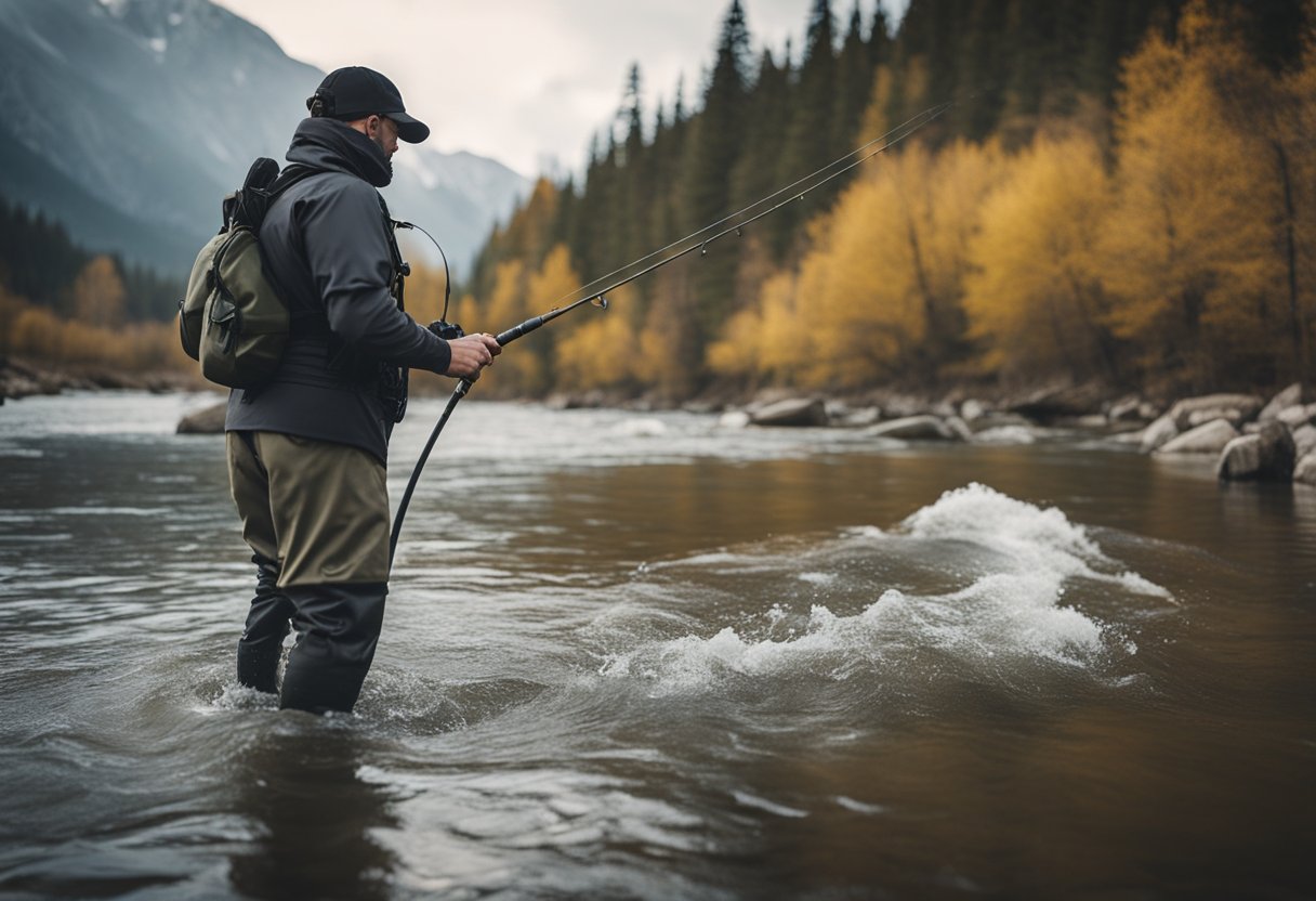 A fisherman wearing neoprene fly fishing waders stands in a cold, rushing river, casting his line into the water