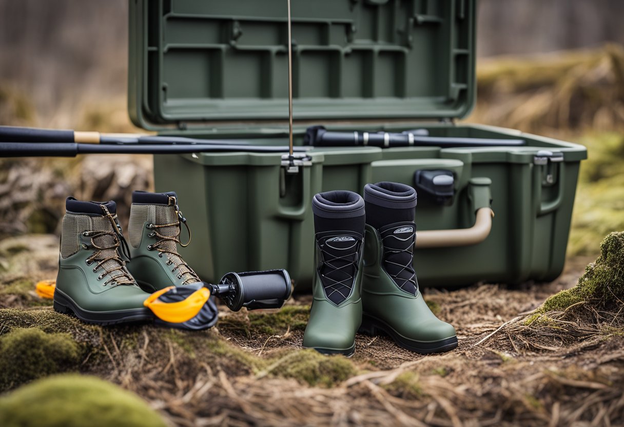 A pair of neoprene fly fishing waders with waterproof features, designed for cold weather, lying next to a fishing rod and tackle box