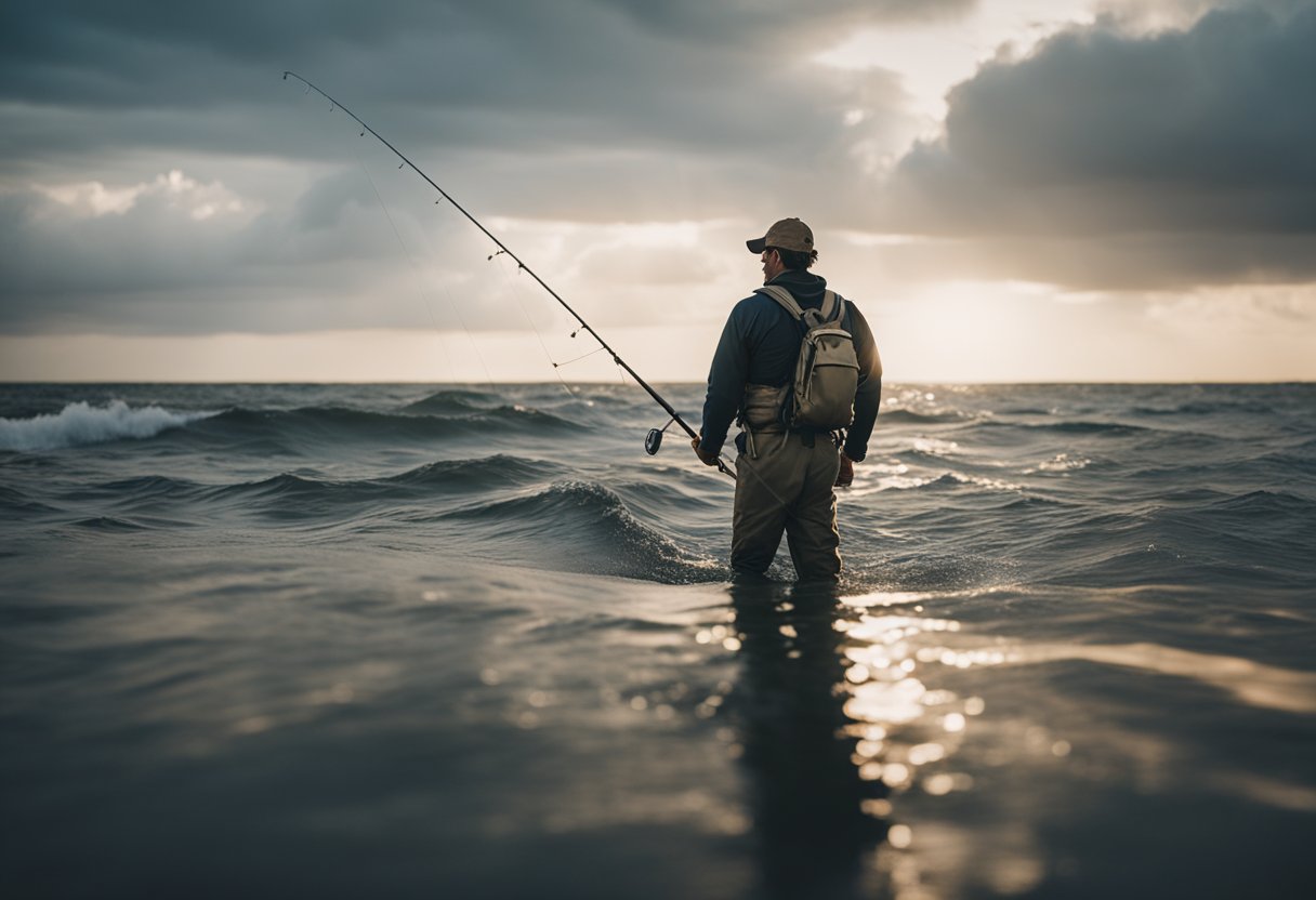 A fisherman wearing fly fishing waders stands in deep saltwater, casting a line into the ocean
