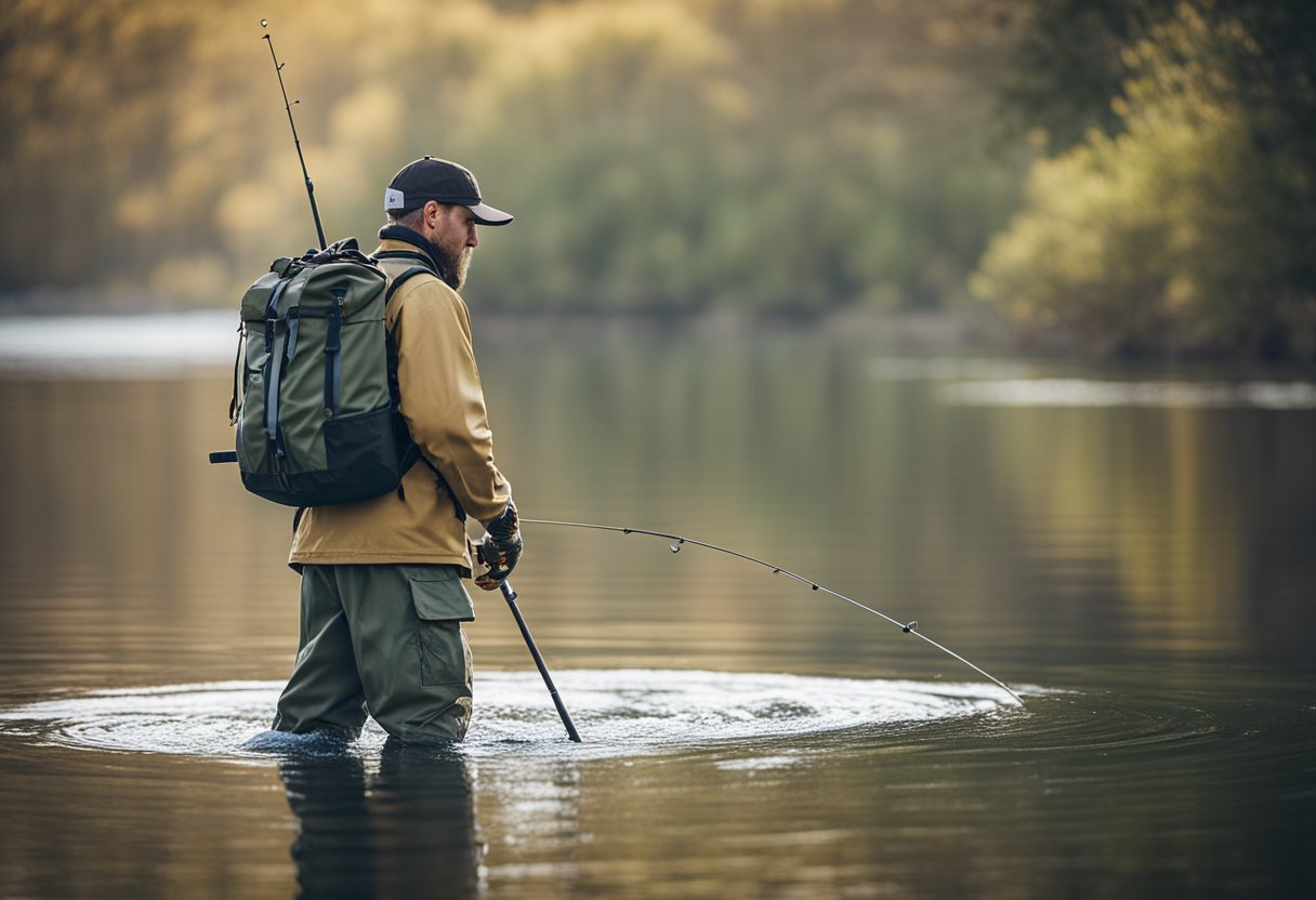 A fly fisherman stands in chest-deep water, wearing durable waders designed for deep water and saltwater fishing. The waders are made of high-quality materials and have reinforced seams for maximum durability