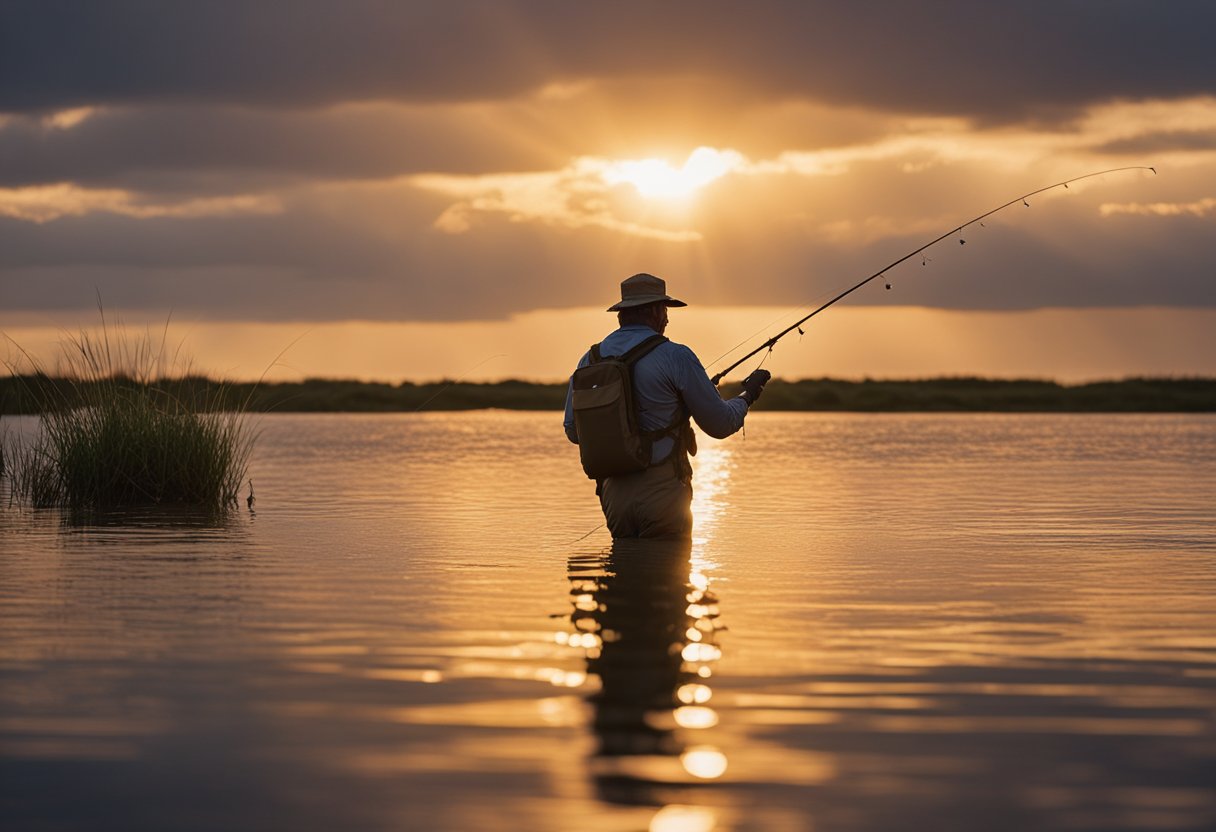 A fisherman wearing waders stands in chest-deep water, casting a fly fishing line into the saltwater. The sun sets behind them, casting a warm glow over the scene