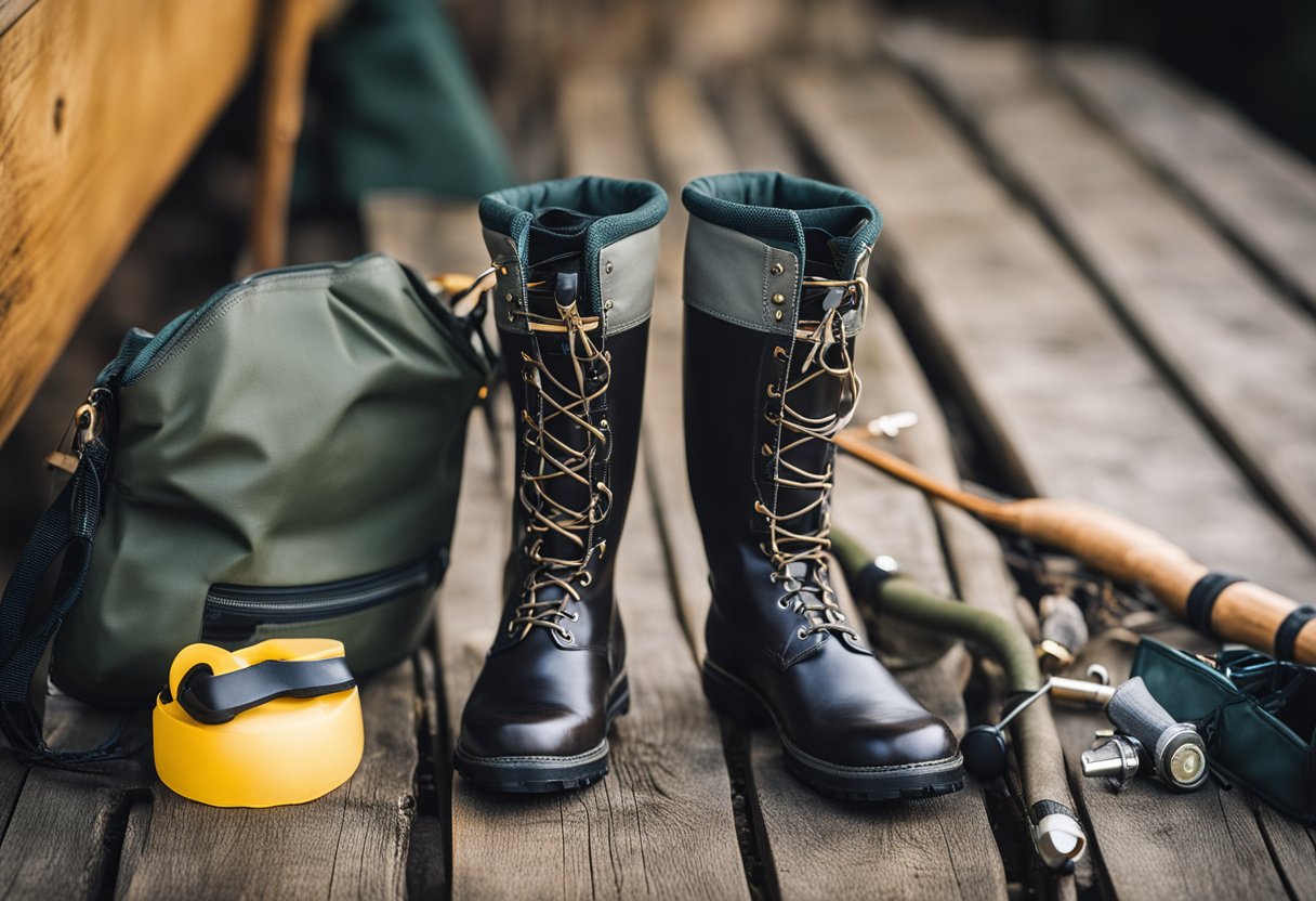 A pair of fly fishing waders with attached boots, laid out on a wooden dock next to a small repair kit