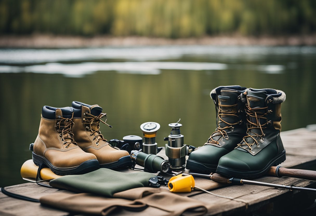 A pair of fly fishing waders with attached boots, a repair kit, and various accessories laid out on a wooden dock overlooking a tranquil river