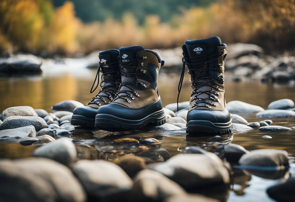 A pair of waders and wading boots on a rocky riverbank, with a Simm logo visible on the boots