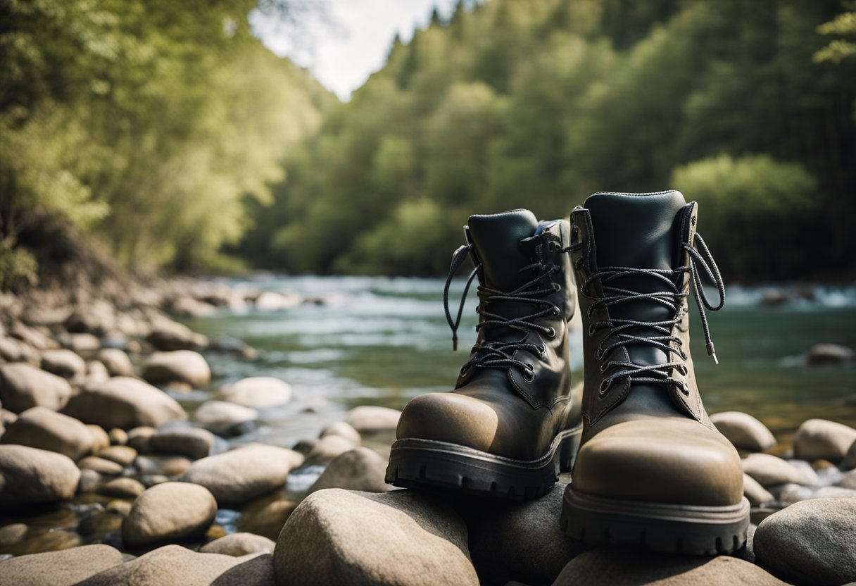A pair of sturdy wading boots stands on a rocky riverbank, ready for an adventure. The water flows gently in the background, reflecting the surrounding trees
