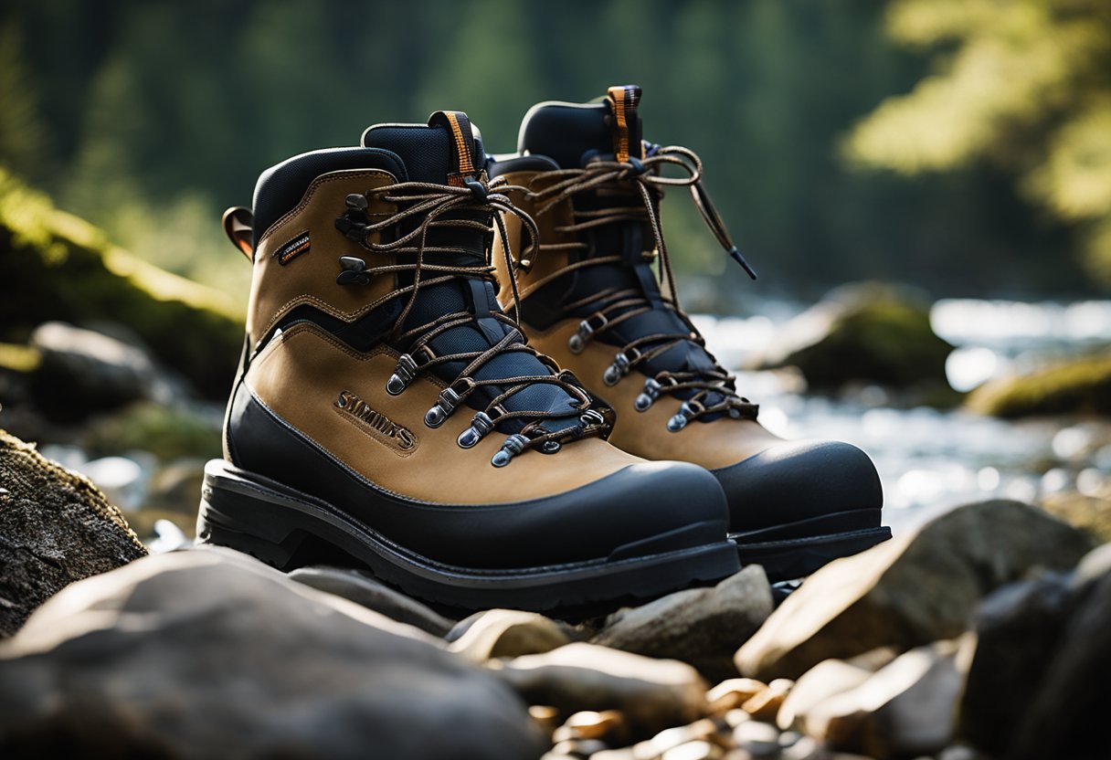 A pair of Simms wading boots with sturdy, deep-tread soles navigating through a rocky riverbed, surrounded by towering pine trees