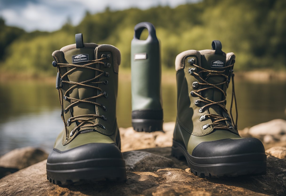 A pair of lightweight, waterproof wading boots stand on the shore next to a pair of waders, ready for a day of fishing in the river