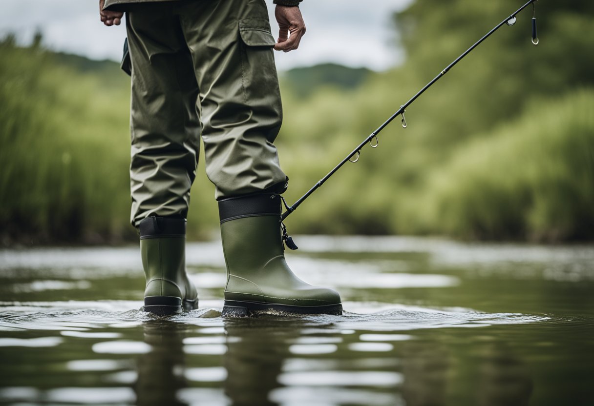 A fisherman wearing brand-specific lightweight, waterproof wading boots stands in a shallow river, casting a line