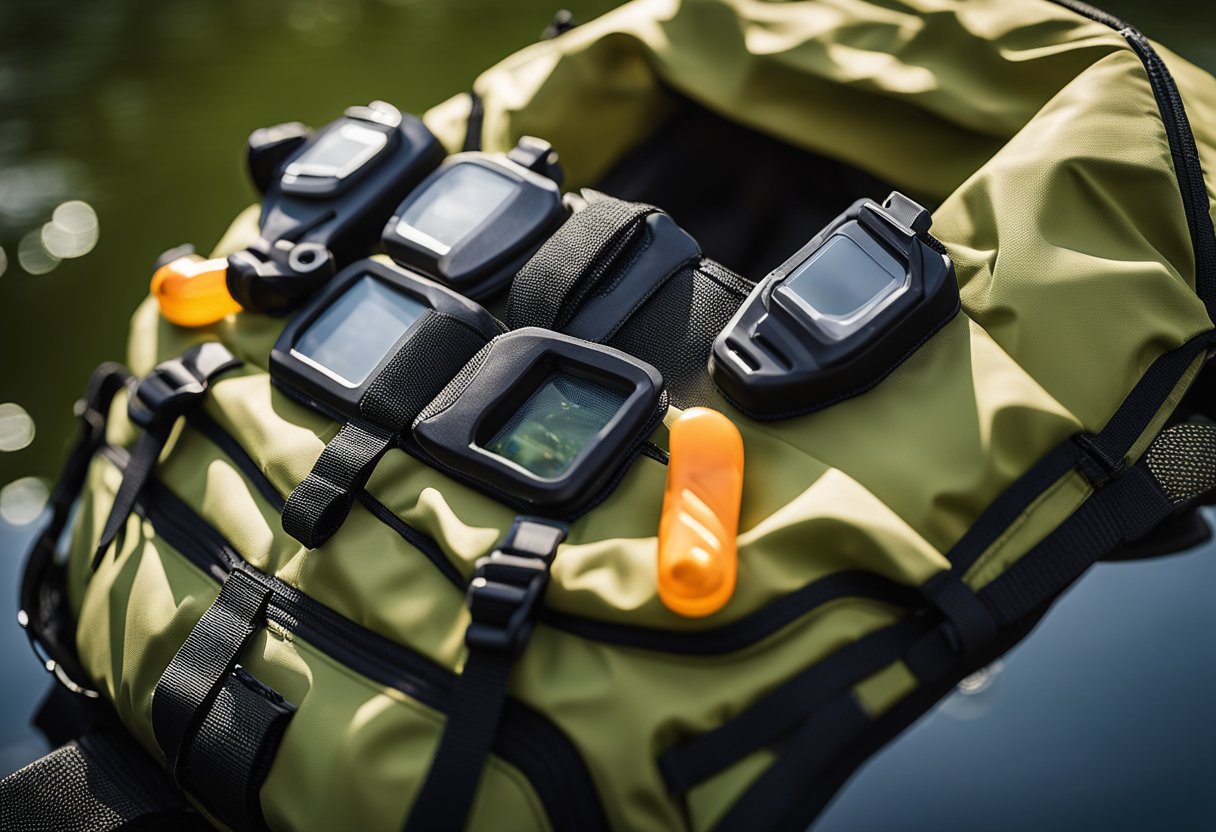 A fisherman's fly vest with various pockets and compartments, made of lightweight, waterproof, and breathable materials