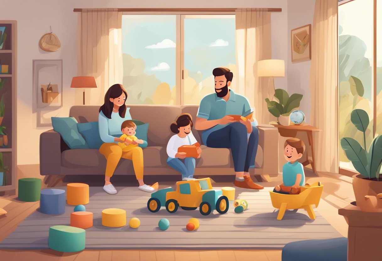 En glad familie, der leger i en hyggelig stue, med legetøj spredt rundt omkring og en varm, indbydende atmosfære