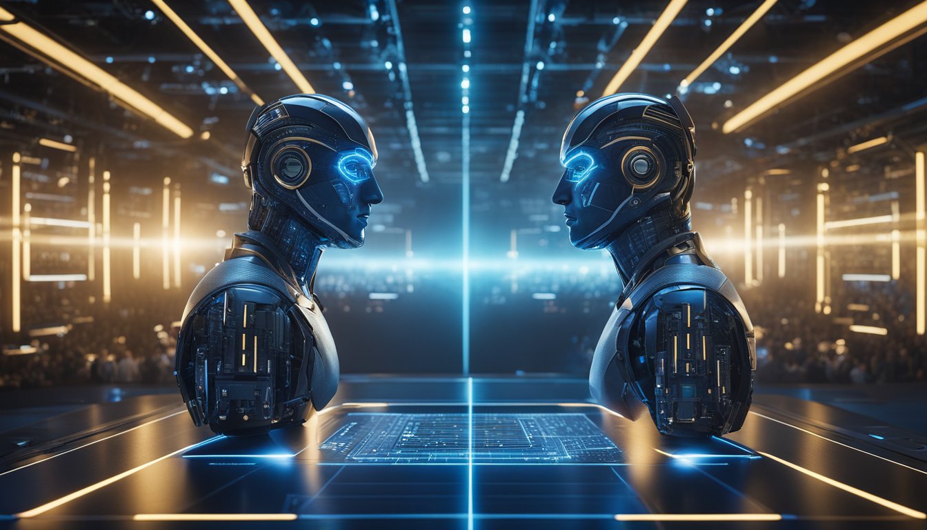 Deux IA ChatGPT s'affrontent dans un affrontement numérique, chacune luttant pour la domination dans une arène virtuelle.