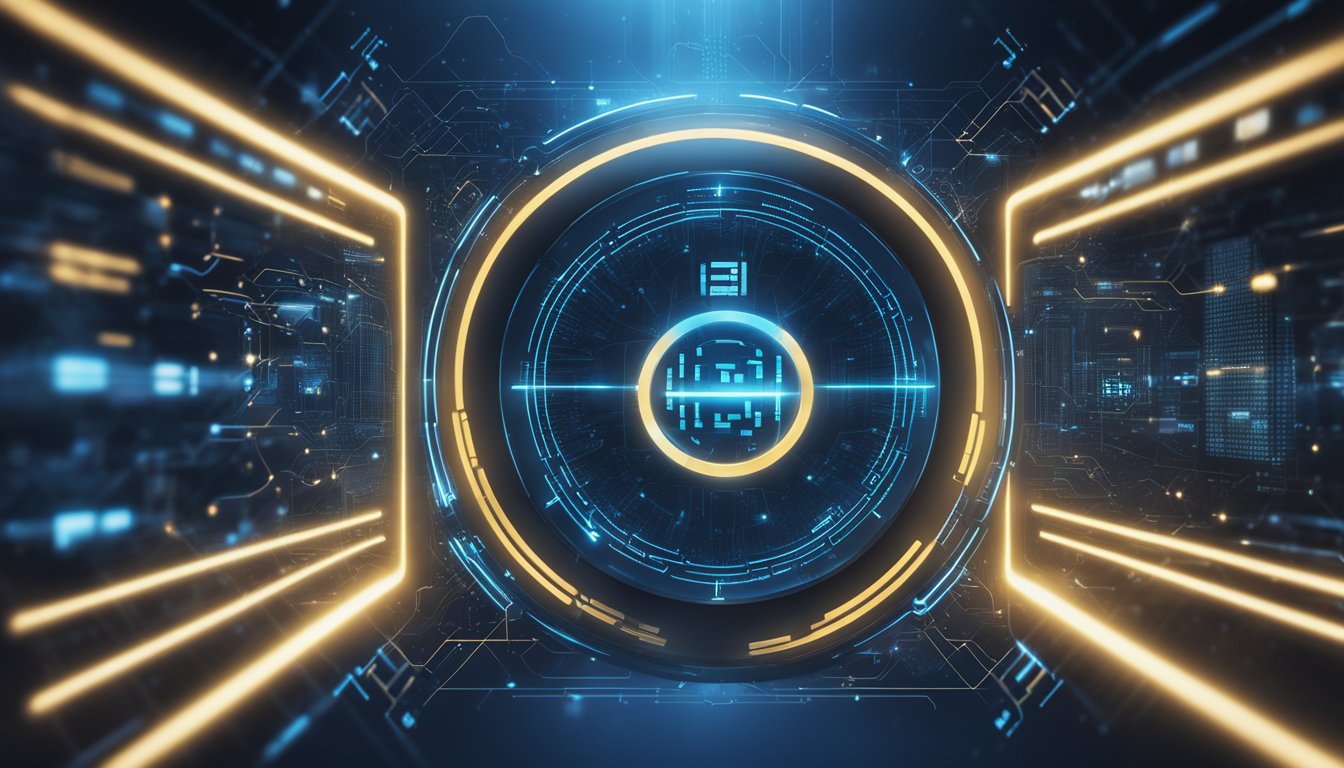 Une interface futuriste et épurée affiche deux logos d'IA contrastés avec des flux de données et des symboles de sécurité.