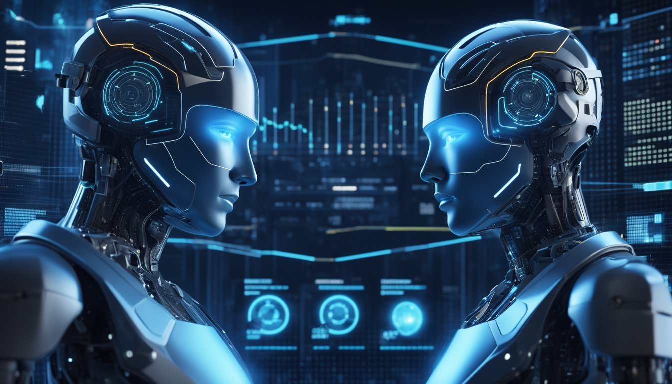 Deux avatars de chatbot futuristes s'affrontent sur une interface numérique, entourés de données et de graphiques.